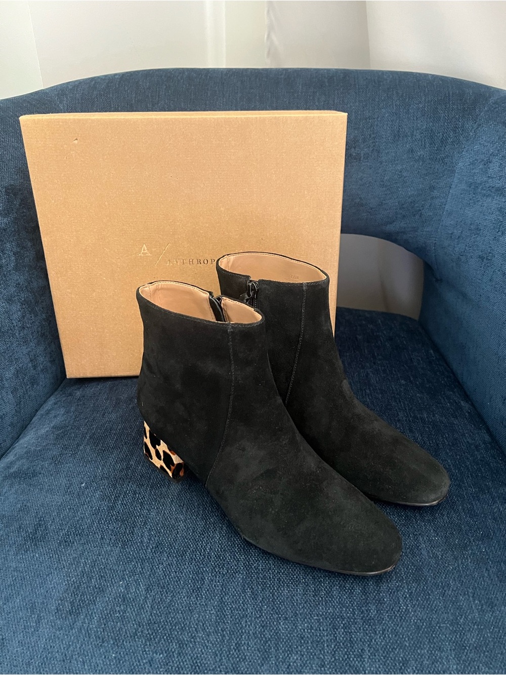 Anthropologie Black Suede Ankle Boots with Leopard Block Heel